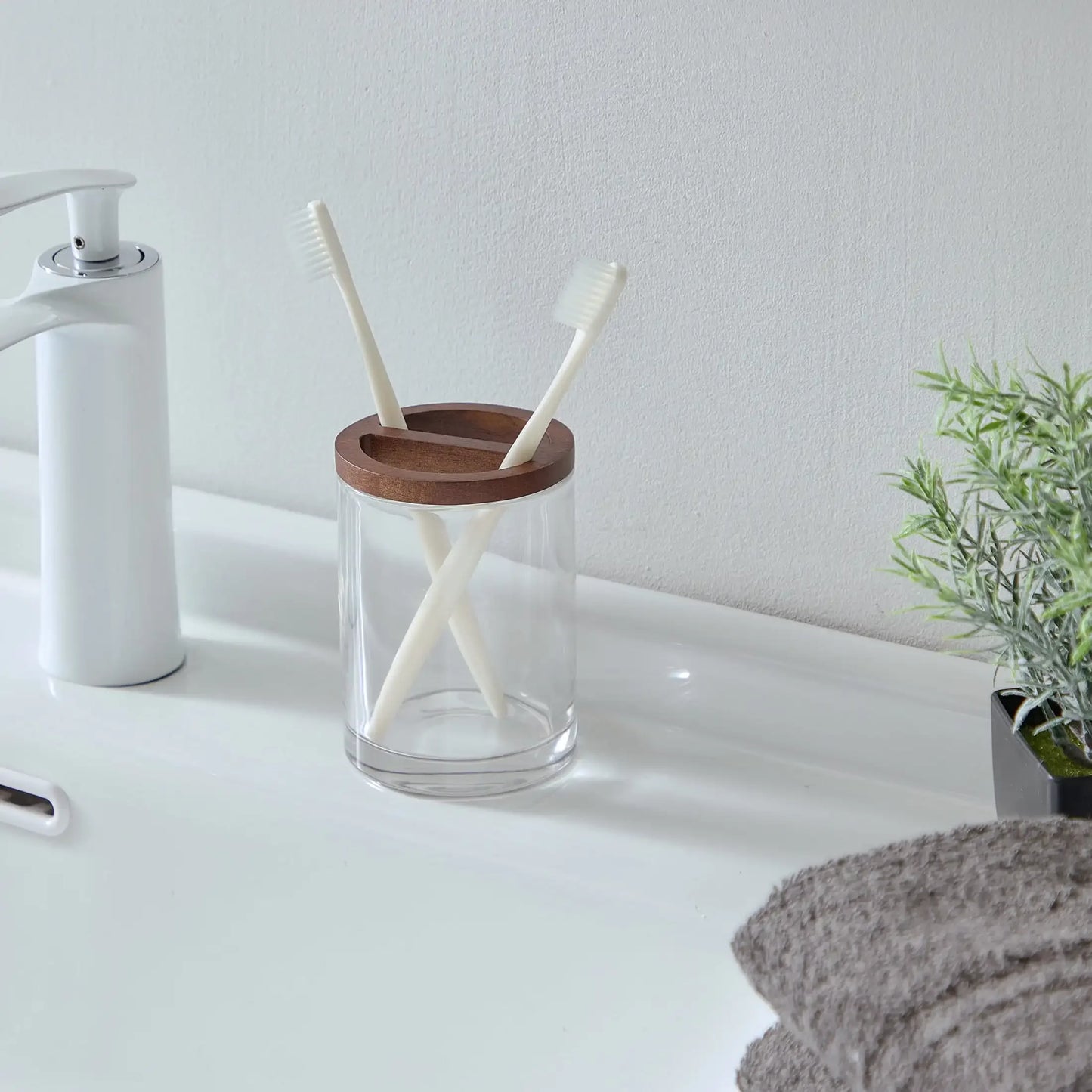 Acacia Wood Accented Glass Toothbrush Holder