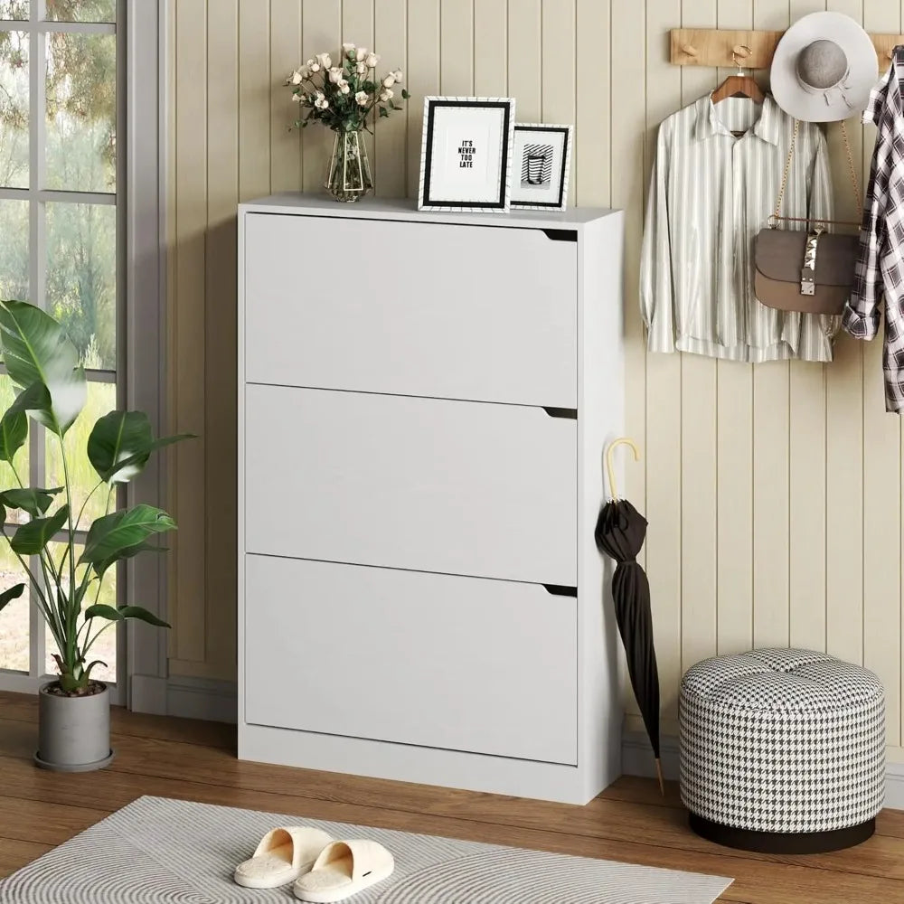 White Shoe Cabinet with Flip Drawers
