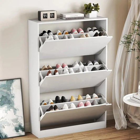 White Shoe Cabinet with Flip Drawers